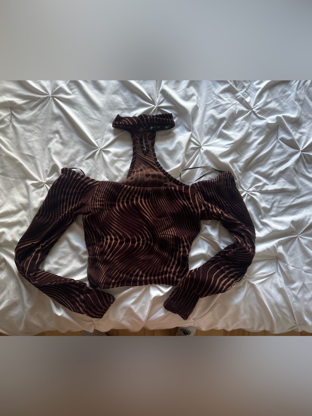 Bershka Brown Velvet Striped Off-Shoulder top